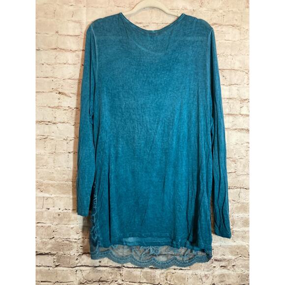 Fantazia Tunic Top Womens XL Teal Blue Distress Wash Embroidered Linen Blend - Picture 10 of 12